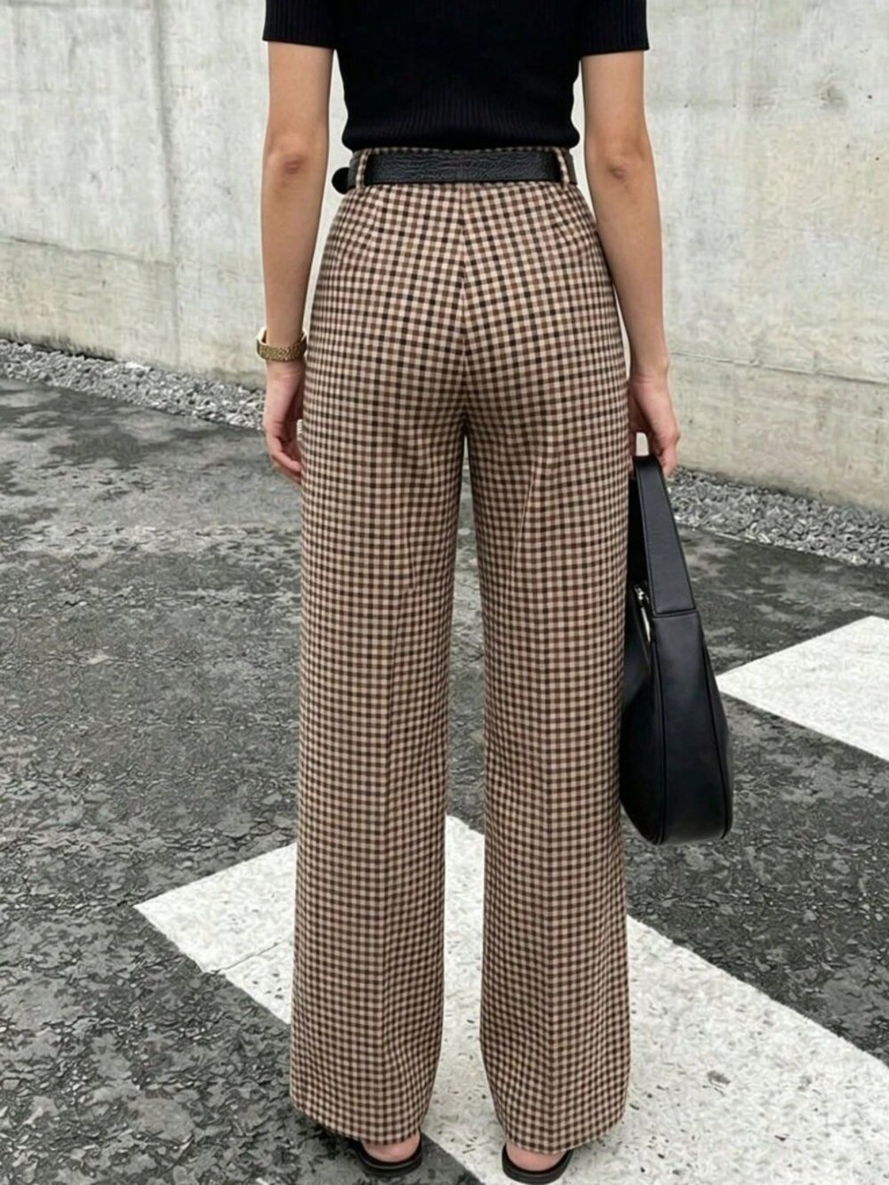 Multicolor Casual Women's Plaid High Waist Straight Leg Pants - Picture 2 of 8